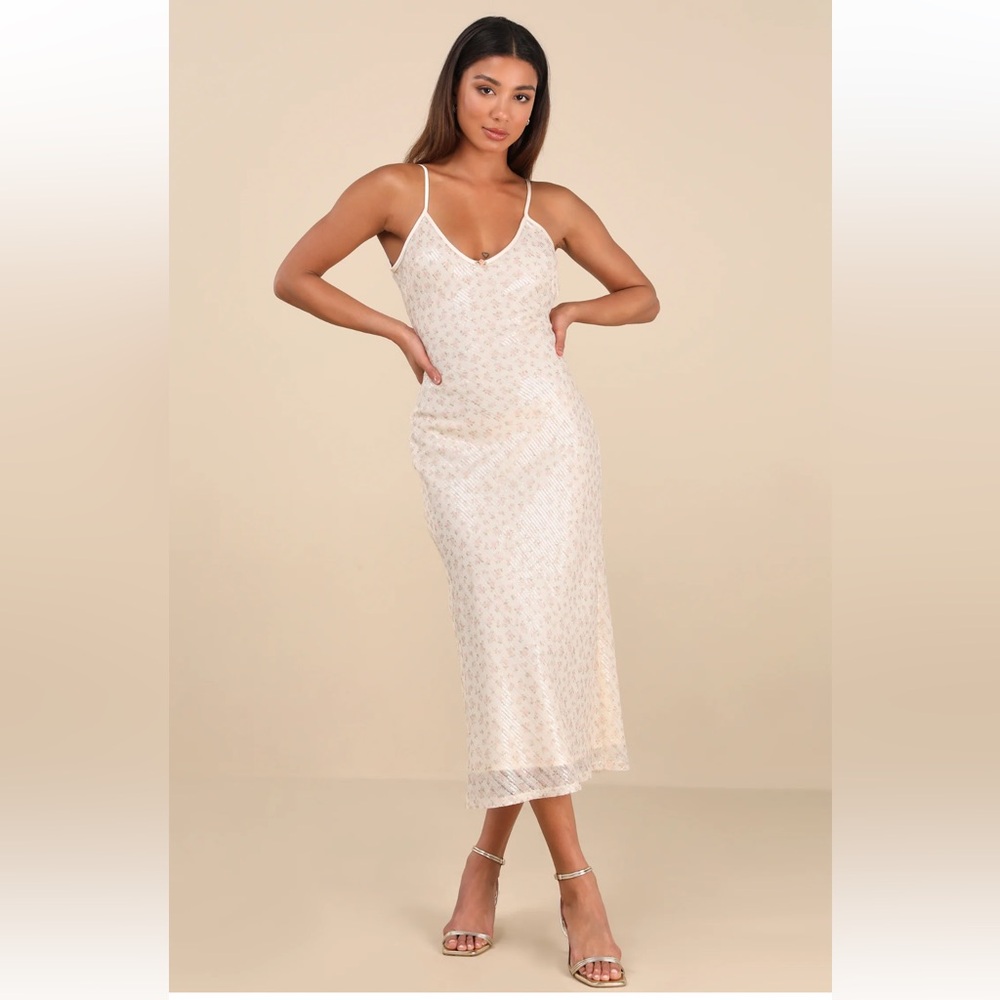 Edaline Cream Floral Sequin Slip Midi Dress